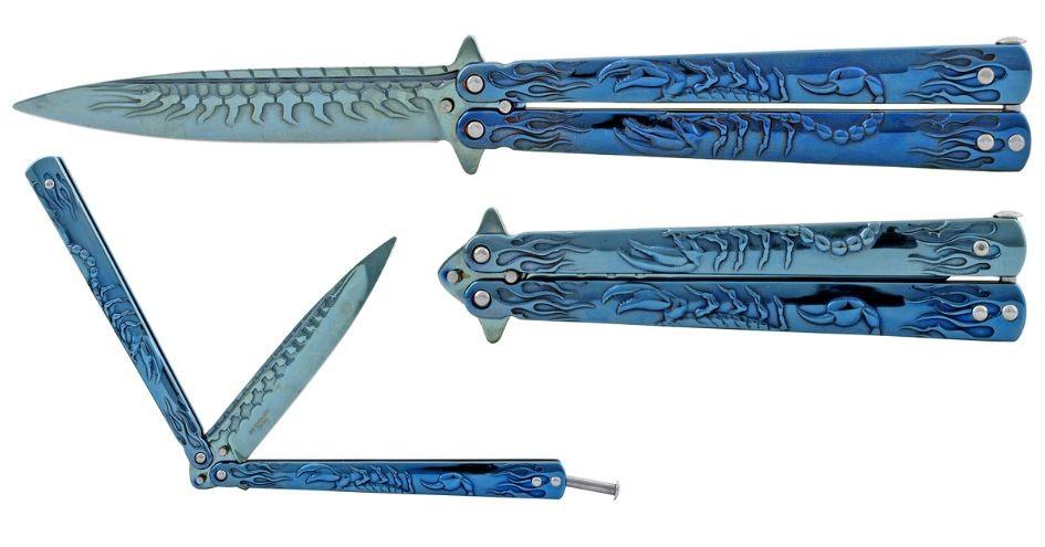 5.25" Heavy Duty Scorpion Stainless Steel Butterfly Pocket Knife - Blue image