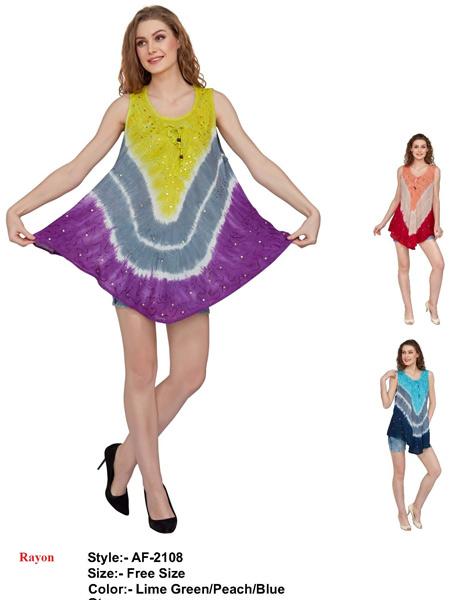 Rayon Multicolor Tie Dye Embroidered Indian Dresses - Assorted image