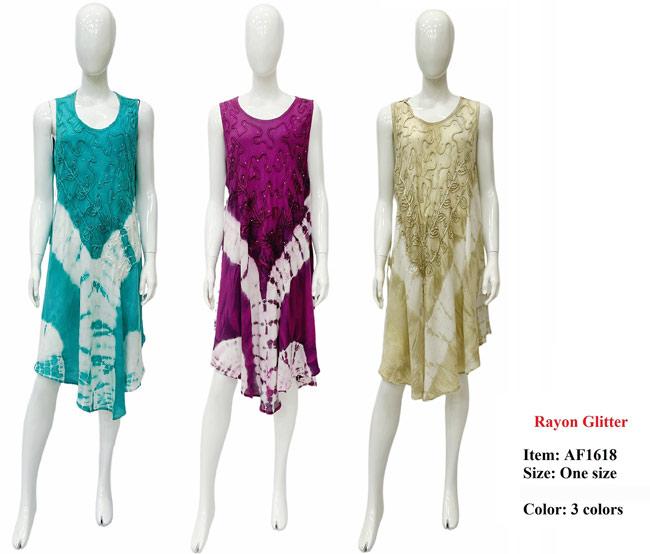 Rayon Acid Wash Tie Dye Umbrella Dresses With Sequins & Embroidery - Assorted image