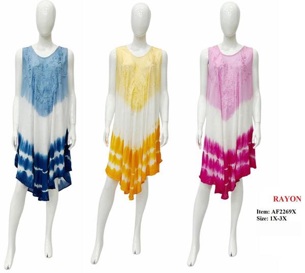 Rayon Tie Dye Embroidered Plus Size Umbrella Dresses - Assorted image