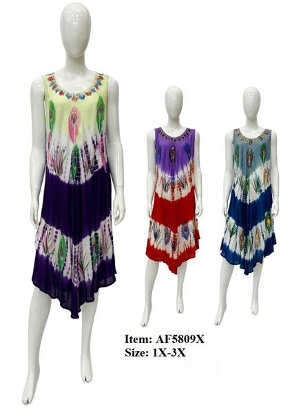 Plus Size Rayon Hand Painted Peacock Umbrella Dresses - Assorted image