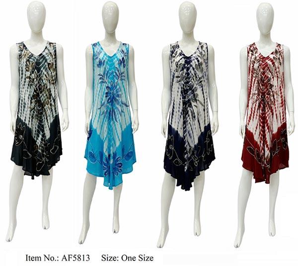 Rayon Tie Dye Floral Print Umbrella Dresses - Assorted image