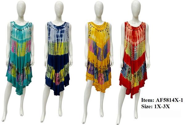 Multicolor Rayon Tie Dye Plus Size Umbrella Dresses - Assorted image