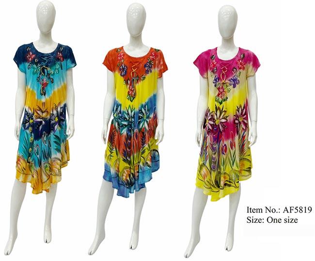 Rayon Tie Dye Tropical Floral Umbrella Dresses - Assorted image