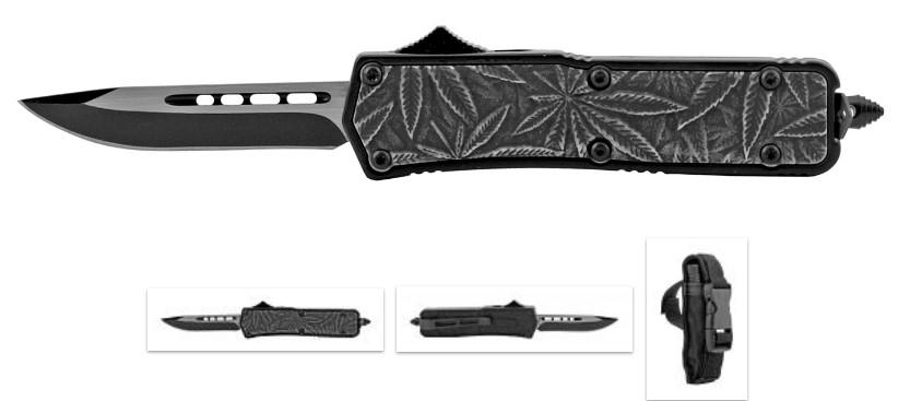 7'' Drop Point OTF Folding Pocket Knife - Black Marijuana Leaf image