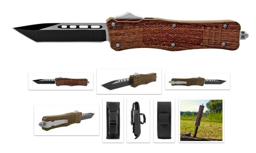 OTF Out-The-Front Tanto Point Pocket Knife - faux Wood image