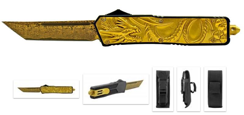9" OTF Automatic Folding Pocket Knife - Gold Dragon Warrior image