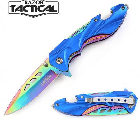 4.75'' Spring-Assisted Knife With Blue Handle & Rainbow Blade image