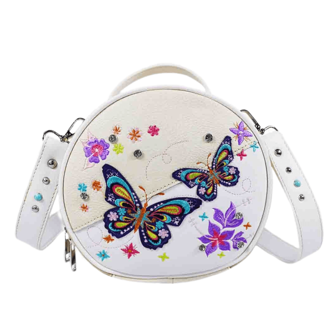 Butterfly Embroidery Round Crossbody Bag - Beige image