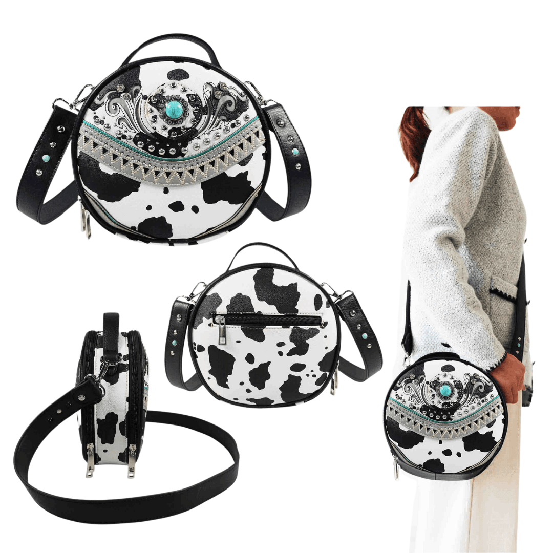 Floral Cow Print Round Crossbody Bag - Black image