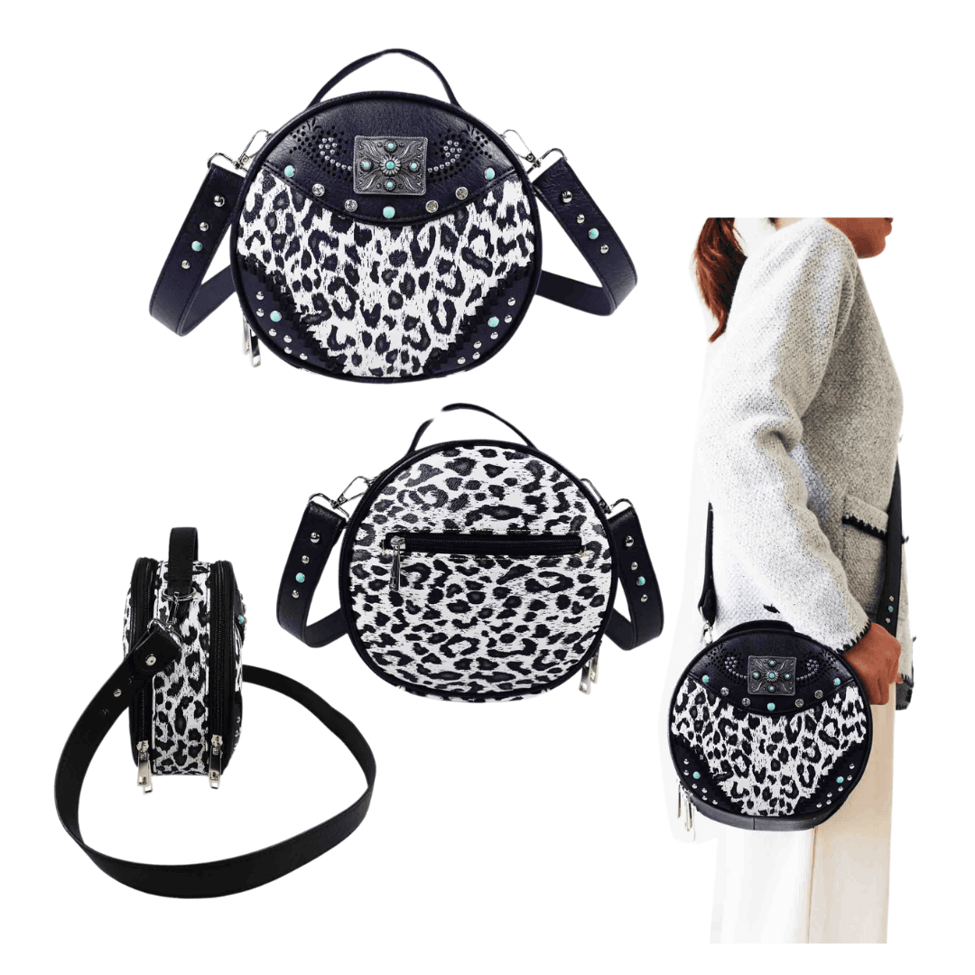 Leopard Print Round Crossbody Bag - Black image