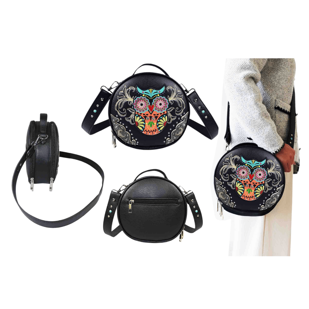 Owl Embroidery Round Crossbody Bag - Black image