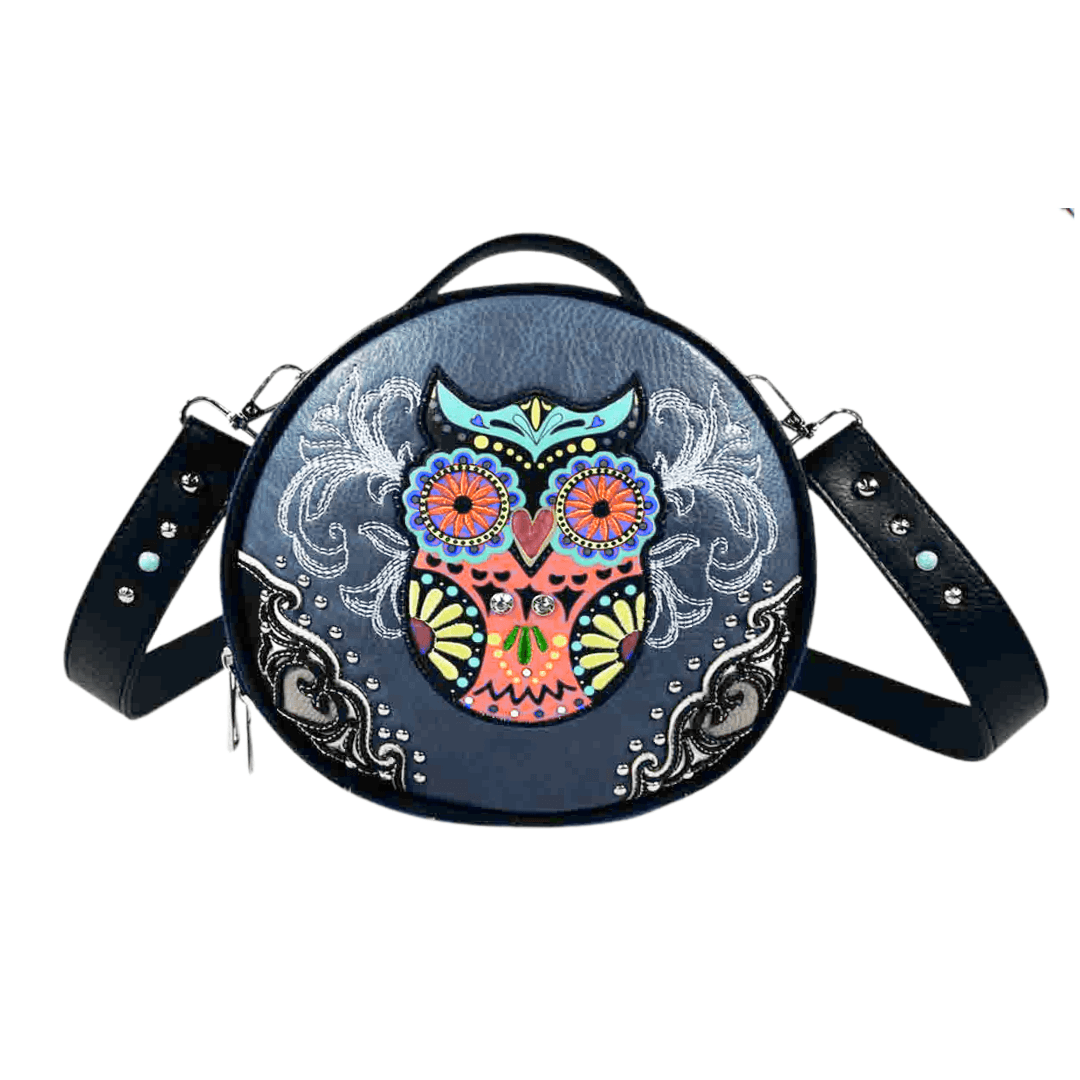 Owl Embroidery Round Crossbody Bag - Blue image