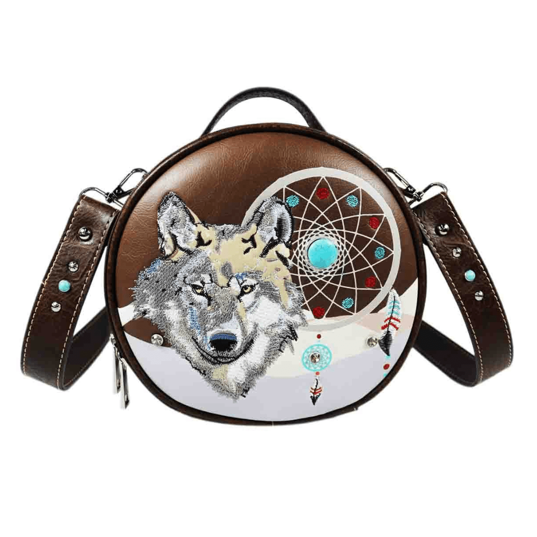 Wolf Dream Catcher Round Crossbody Bag - Brown image