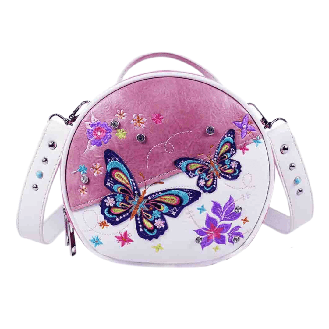 Butterfly Embroidery Round Crossbody Bag - Dark Pink image