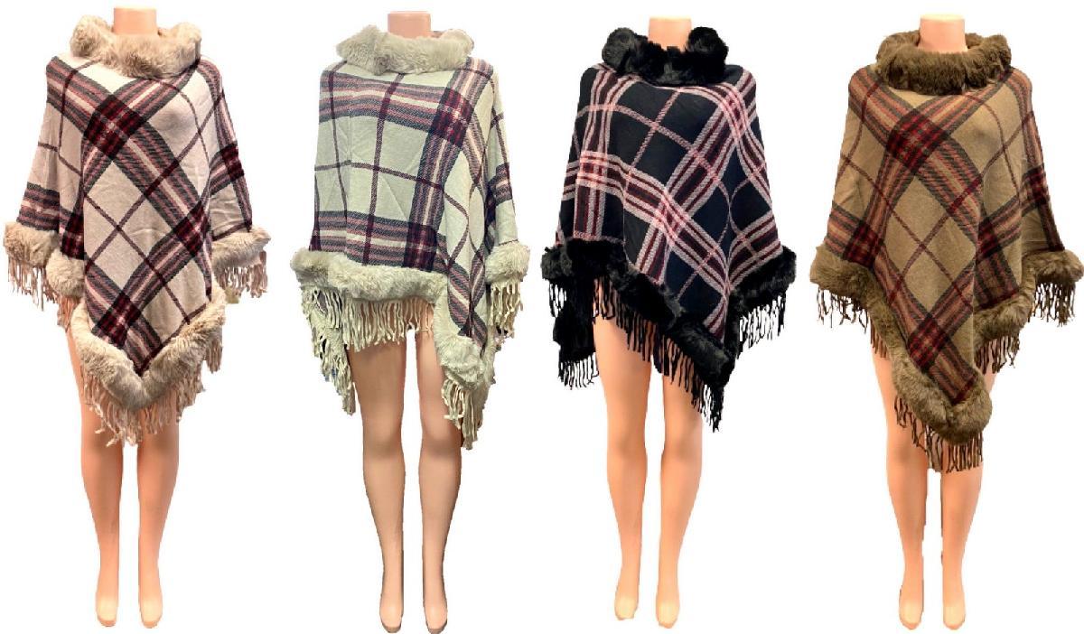 Classic Plaid Knitted Winter Ponchos With Faux Fur Collar & Fringes - Assorted image