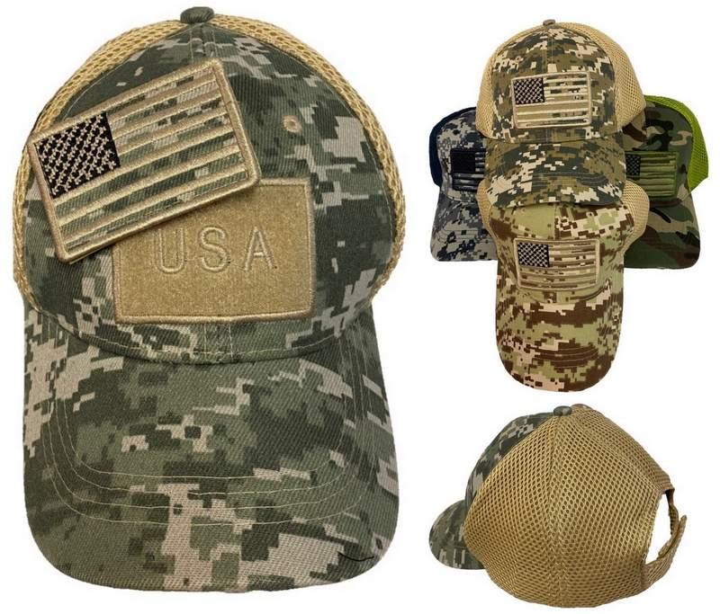 USA Mesh Camo Hats With Detachable Flag Patch image