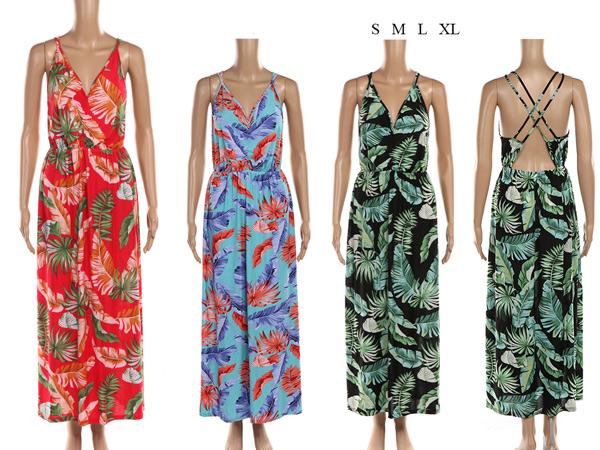 Women's Tropical Leaf Print V-Neck Maxi Dress image