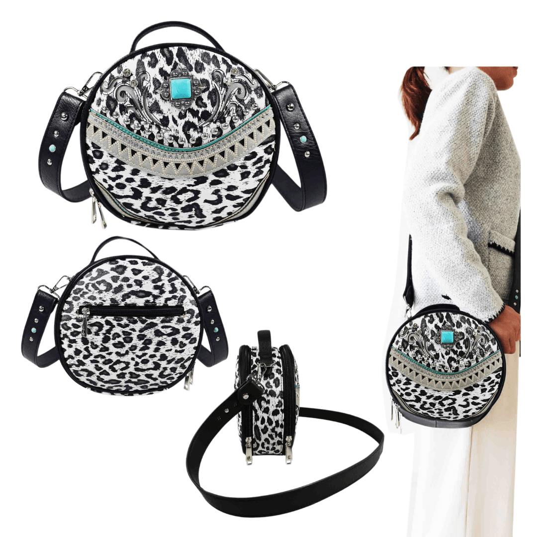 Floral Leopard Print Round Crossbody Bag - Black image