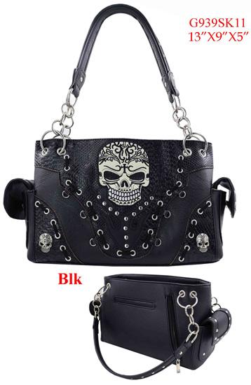 Skull Embroidery Concealed Carry Handbag - Black image