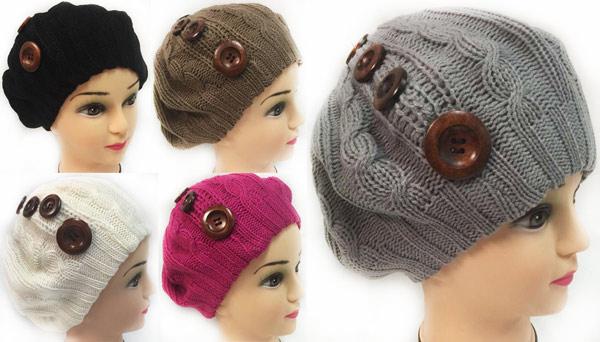 Knitted Ladies Winter Hats With Buttons - Assorted image