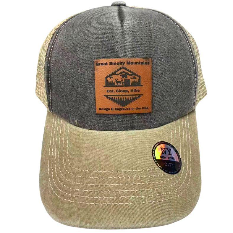 Wholesale Custom Laser Engrave Leatherette Patch Hat Great Smokey Mountain Eat,Sleep,Hike image