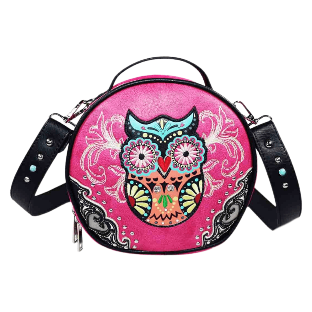 Owl Embroidery Round Crossbody Bag - Hot Pink image
