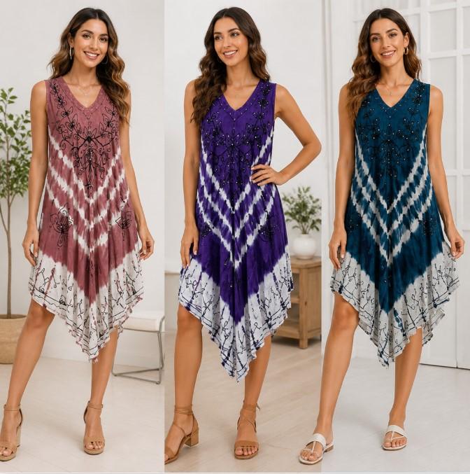 Rayon Acid Wash Embroidered Umbrella Dresses - Assorted image