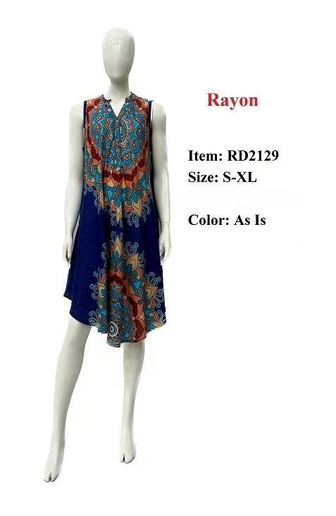 Rayon Mandala Print Umbrella Dresses With Button Placket - Blue image