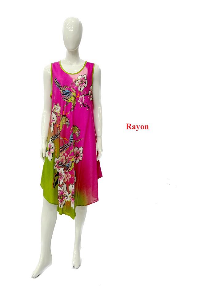 Rayon Floral Bird Print Round Neck Plus Size Dresses - Pink/Green image