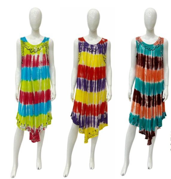 Rayon Crepe Multicolor Tie Dye Embroidered Umbrella Dresses - Assorted image