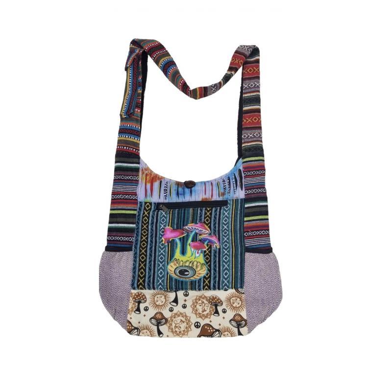 Nepal Handmade Hemp/Cotton Two Zipper Pocket Sling Bags - Evil Eye Mushroom image