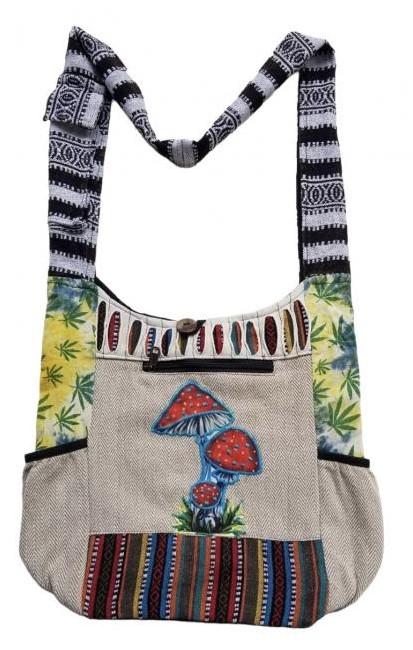 Nepal Handmade Cotton/Hemp Sling Bags With Side Pockets - Mushroom & Tie Dye Marijuana Leaf image