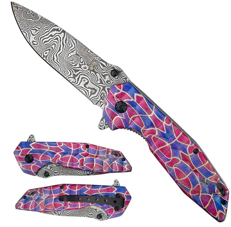 Falcon 8.5" Damascus Spring Assisted Pocket Knife - Pink & Blue image
