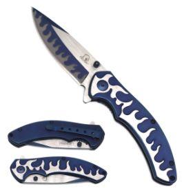 8" Stainless Steel Pocket Knife With Flame Design - Blue image