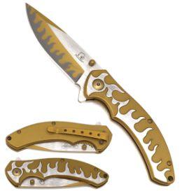 8" Stainless Steel Pocket Knife With Flame Design - Gold image