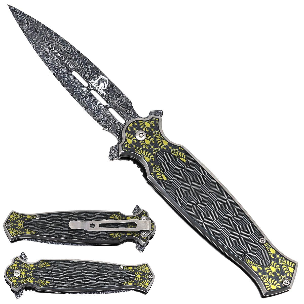 Falcon Spring-Assisted Pocket Knife With Damascus Blade - Floral Pattern image