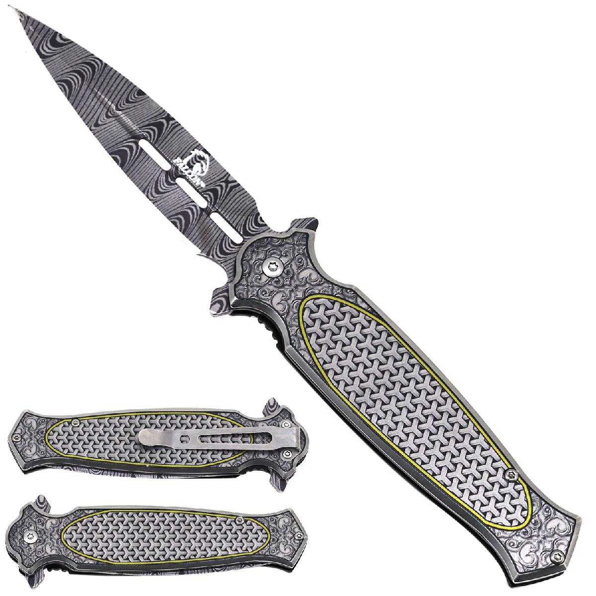 Falcon Spring-Assisted Pocket Knife With Damascus Blade - Geometric Pattern image