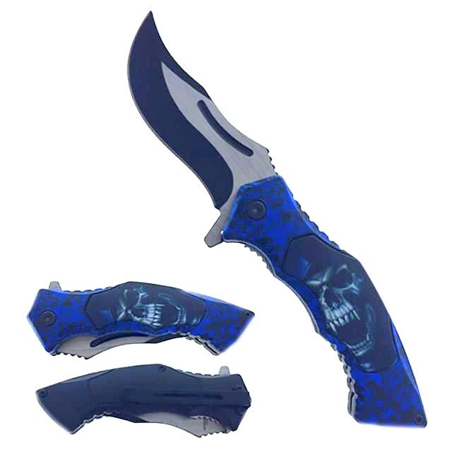 Spring-Assisted Knife With Blue Skull Handle And Belt Clip image