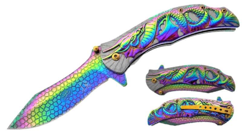 Spring-Assisted Pocket Knife With Belt Clip - Rainbow Dragon image
