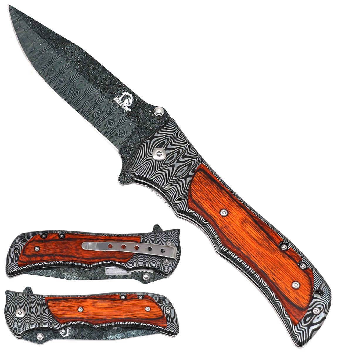 8" Damascus Blade Spring Assisted-Knife With Wood Handle - Classic image