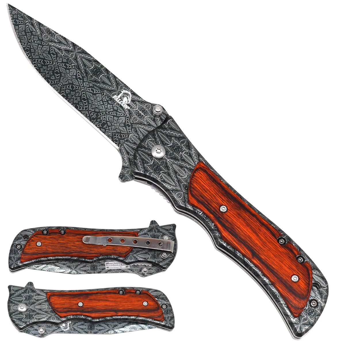 8" Damascus Blade Spring-Assisted Knife With Wood Handle - Classic image