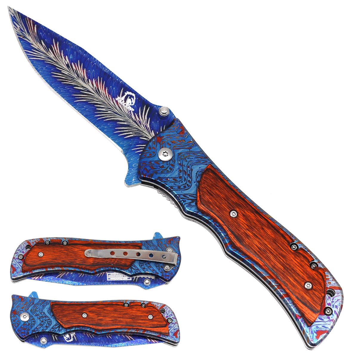8" Damascus Blade Spring Assisted-Knife With Wood Handle - Blue Feather Style image
