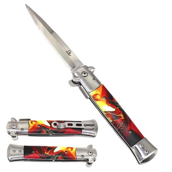 9" Spring Assisted Stiletto Knife - Fire Dragon Design image