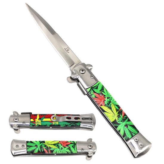 9" Spring Assisted Stiletto Knife - Rasta Marijuana Leaf Design image