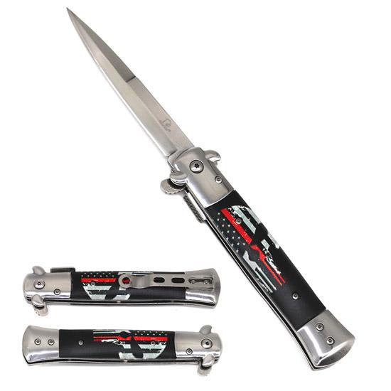 9" Spring Assisted Stiletto Knife - Red Punisher Skull Design image