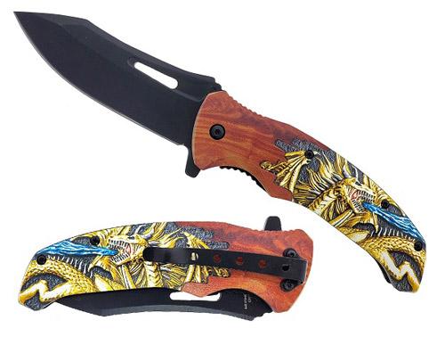 8.5" Faux Wood Spring-Assisted Pocket Knife - Golden Dragon 2 image