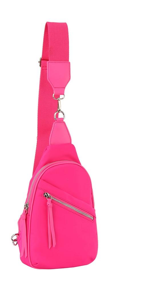 Nylon Crossbody Sling Purse With Front Zipper Pocket - Fuchsia image