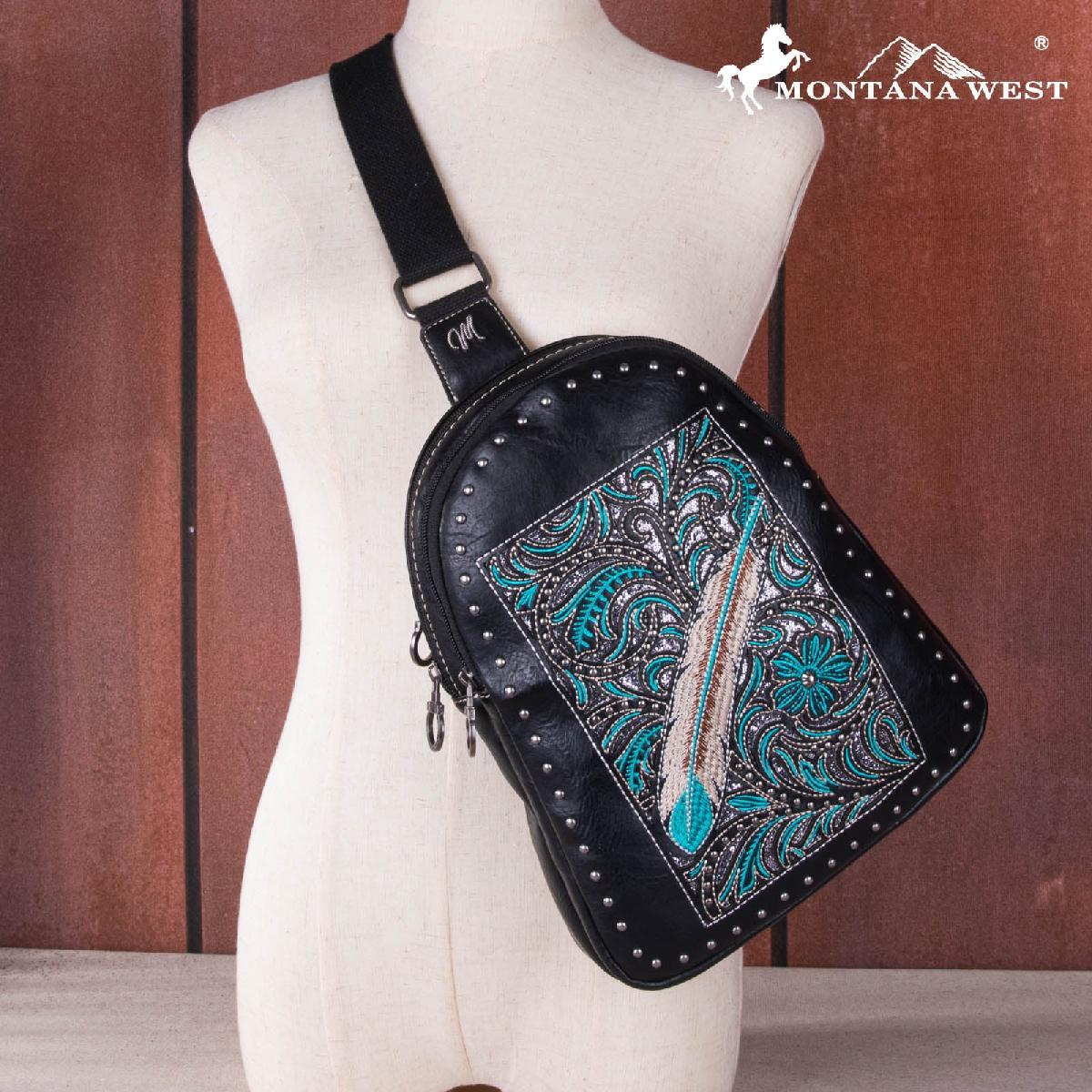 Montana West Feather Embroidery Crossbody Bag - Black image