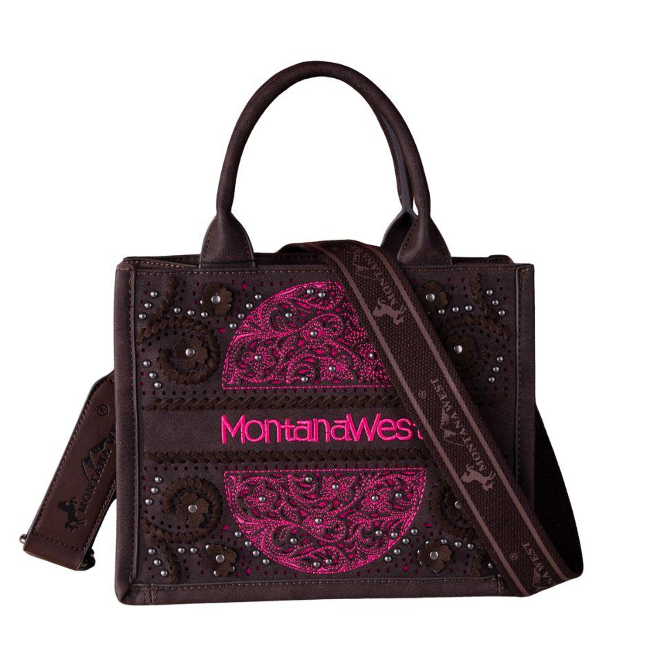 Montana West Embossed Floral Tote/Crossbody - Pink On Coffee image